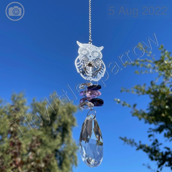 New 3D Wise Owl Sun Catcher Mobile ~ Purple and Pink Glass beads ~ Clear Glass Droplet ~ Window Home Decoration