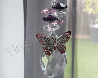 3D Silver Tone Metal Butterfly Sun Catcher Mobile ~ Glass droplet ~ Purple Pink Glass Beads ~ Window Home Decor