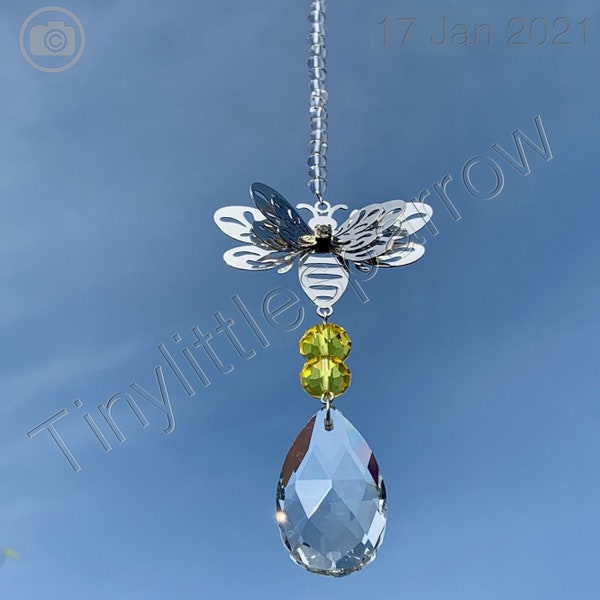 New 3D Bumble Bee Sun Catcher Mobile ~ Yellow and Clear Glass Beads ~ Home Window Decor