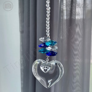 New Best Friend Pet loss Sun Catcher ~ Paw Print Charm on a Glass Heart ~ Turquoise Blue Glass Beads ~ Memorial Keepsake ~ Dog or Cat Loss