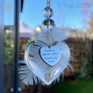 New Love Heart Glass Sun Catcher ~ Feathers appear when Angels are near Charm ~ Clear Glass Beads ~ Keepsake ~ Gift Idea ~ Home Window Decor