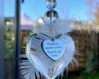 New Love Heart Glass Sun Catcher ~ Feathers appear when Angels are near Charm ~ Clear Glass Beads ~ Keepsake ~ Gift Idea ~ Home Window Decor