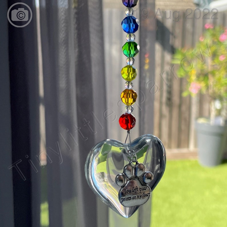 New Rainbow Bridge Pet loss Heart Sun Catcher You left paw prints on my heart Glass Beads Memorial Keepsake Dog or Cat Loss Window image 7