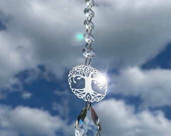 New Silver Tone Metal Tree of Life Sun Catcher Hanging Mobile with Clear Glass Droplet and Glass Beads ~ Window Home Decor
