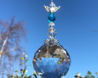 Turquoise Blue Guardian Angel Glass Sphere Sun Catcher Angel Wing Charm ~ Memorial ~ Hanging Mobile ~ Window Home Decor