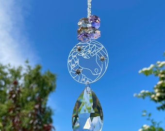 New Magical Unicorn Sun Catcher Mobile ~ Pink Purple Glass Beads ~ Glass Droplet ~ Window Home Decoration