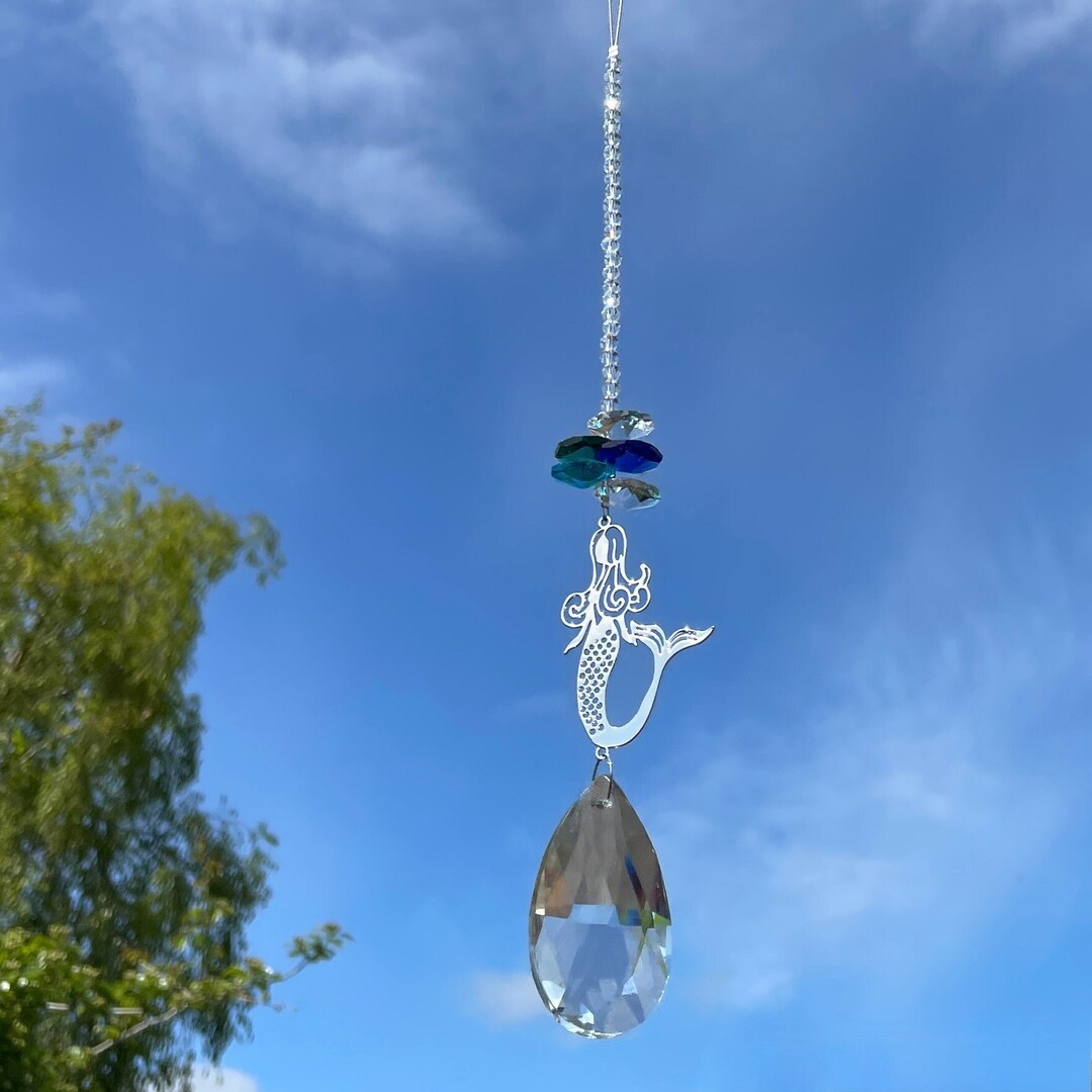 New Mermaid Hanging Sun Catcher Mobile Turquoise Blue Glass Etsy