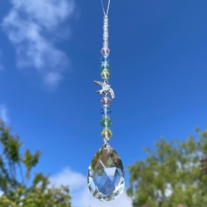 Dove Peace Memorial Loss Sun Catcher Hanging Mobile With Yellow, Blue, Green and Pink Glass Beads ~ Home Window Decor