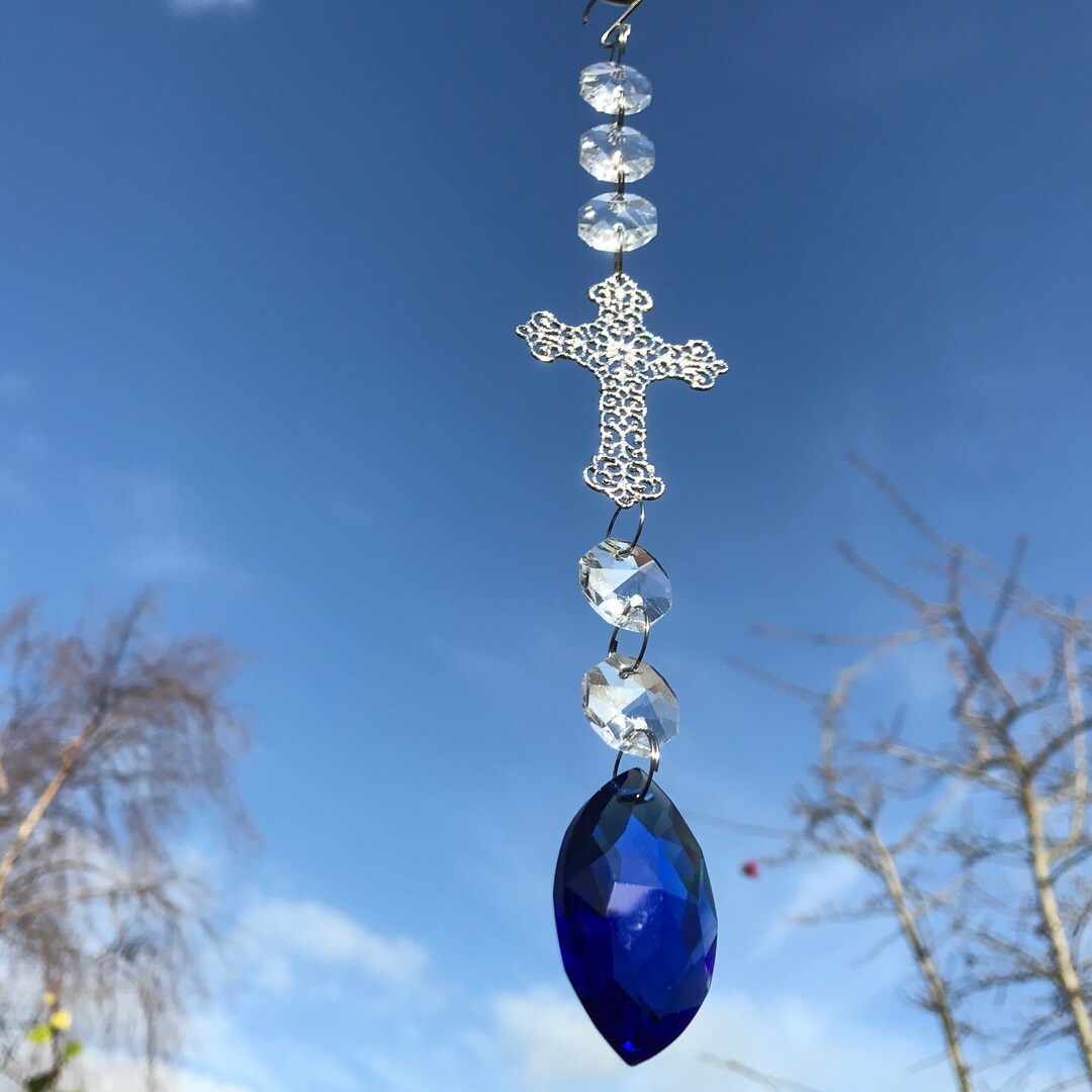 New Silver Tone Metal Cross Sun Catcher Mobile Easter Royal Blue
