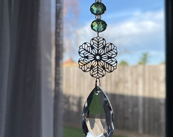 New Flower Sun Catcher Mobile ~ Pale Green Glass Beads and Clear Glass Droplet ~ Window Home Decoration