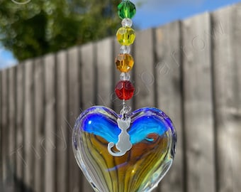 New Rainbow Bridge Sun Catcher Mobile ~ Glass Heart with Cat Charm ~ Glass Beads ~ Window Home Decoration ~ Loss Memorial Hope Protection