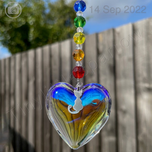 New Rainbow Bridge Sun Catcher Mobile ~ Glass Heart with Cat Charm ~ Glass Beads ~ Window Home Decoration ~ Loss Memorial Hope Protection