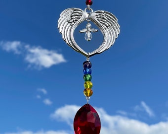 Nouvel ange gardien Rainbow Bridge Memorial Hanging Sun Catcher Mobile ~ Ailes d'ange ~ Perte d'animaux