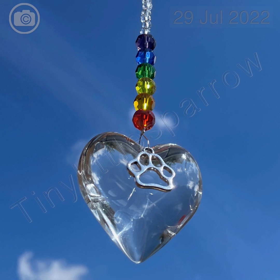 Rainbow Bridge Sun Catcher Paw Print Glass Heart, Pet Loss Memorial ...