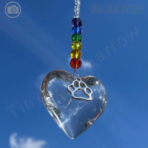 New Rainbow Bridge Pet loss Sun Catcher ~ Paw Print on a Glass Heart ~ Rainbow Glass Beads ~ Memorial Keepsake ~ Dog or Cat Loss ~ Window