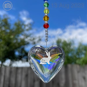New Rainbow Bridge Pet loss Sun Catcher ~ Bunny Rabbit on a AB Iridescent Glass Heart ~ Rainbow Glass Beads ~ Memorial Keepsake ~ Pet Loss