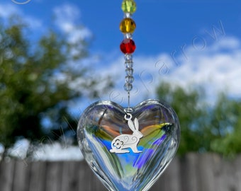 New Rainbow Bridge Pet loss Sun Catcher ~ Bunny Rabbit on a AB Iridescent Glass Heart ~ Rainbow Glass Beads ~ Memorial Keepsake ~ Pet Loss