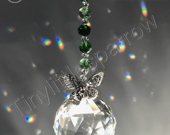 New 3D Butterfly Sun Catcher With Heavy Glass Sphere ~ Green Glass Beads ~ Hope ~ Window Home Decor