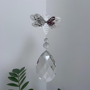 Large 3D Bumble Bee Sun Catcher: Clear Glass Bead Mobile Ready to Hang