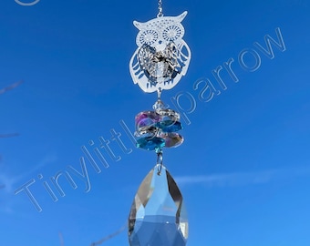 New 3D Wise Owl Sun Catcher Mobile ~ Turquoise Blue and Pink Glass beads ~ Clear Glass Droplet ~ Window Home Decoration