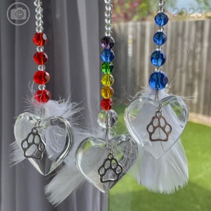 New White Feather Pet loss Sun Catcher ~ Paw Print on a Glass Heart ~ Glass Beads ~ Memorial Keepsake ~ Dog or Cat Loss ~ Home Window Decor