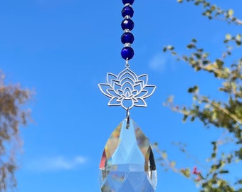 New Lotus Flower Blue Glass Bead Sun Catcher Mobile ~ Spiritual Yoga Chakra ~ Window Home Garden Decoration ~ Rebirth Growth Strength