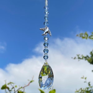 New Peace Dove Memorial Loss Sun Catcher Hanging Mobile With Pale Blue and Clear Glass Beads ~ Protection