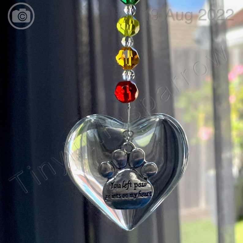 New Rainbow Bridge Pet loss Heart Sun Catcher You left paw prints on my heart Glass Beads Memorial Keepsake Dog or Cat Loss Window image 5