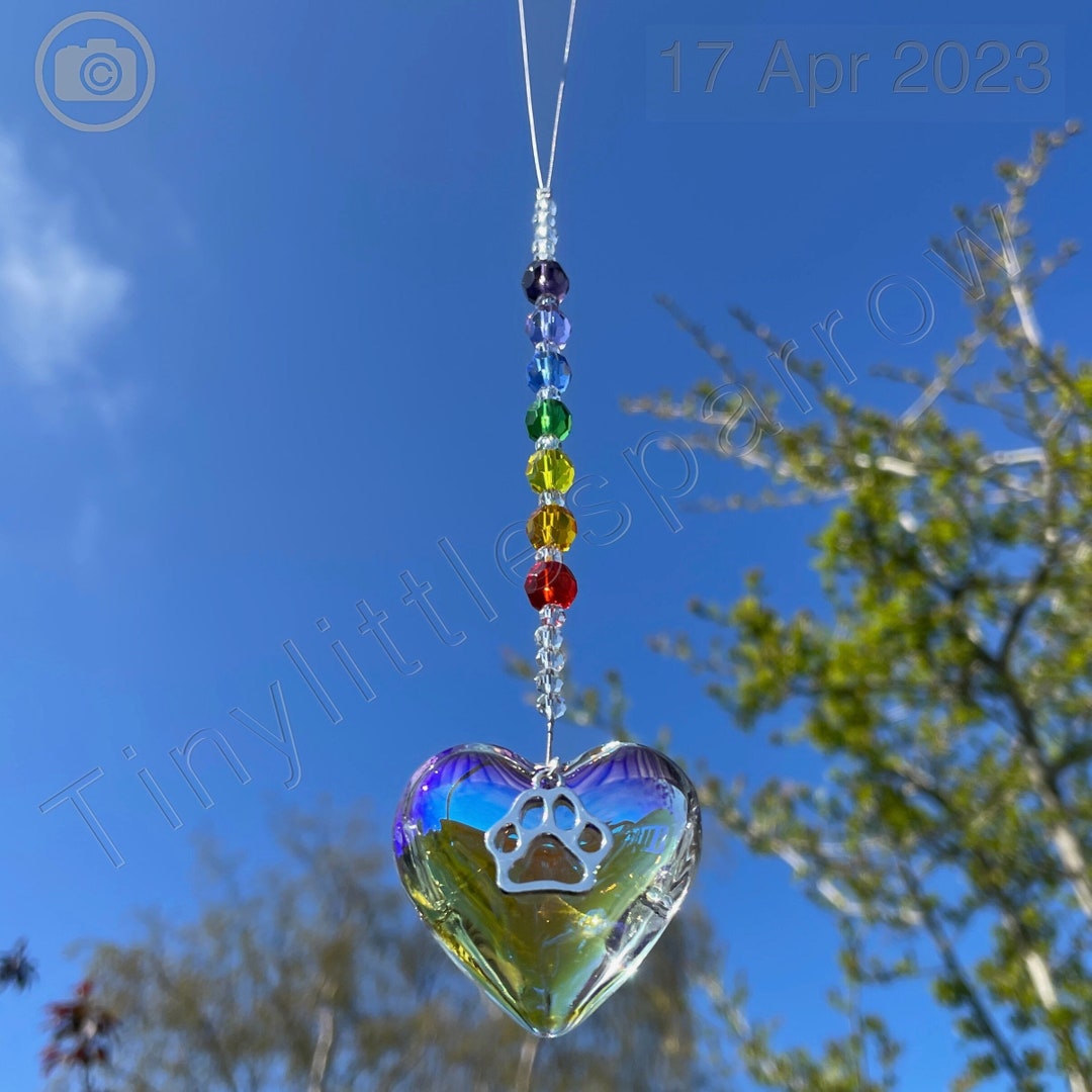 New Rainbow Bridge Pet Loss Sun Catcher ~ Paw Print on a AB Glass Heart ~ Rainbow Glass Beads ...