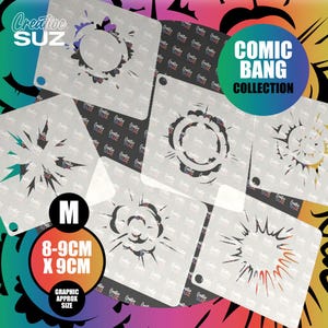 Könnte beinhalten: Eine Sammlung von Schablonen mit Comic-Stil "Bang" und Explosionsdesigns. Die Schablonen sind grau und weiß, mit verschiedenen Formen. Die Grafikgröße beträgt ca. 8-9 cm x 9 cm. Die Kollektion trägt die Bezeichnung "Comic Bang Collection".