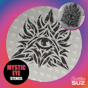 Puede incluir: Una plantilla en blanco y negro de un ojo místico con diseños tribales. La plantilla está sobre un fondo blanco con las palabras "Mystic Eye Stencil" en texto negro.