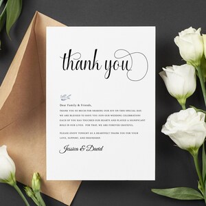 Nota de agradecimiento de boda, plantilla de tarjeta de agradecimiento imprimible, plantilla de carta de agradecimiento, descarga instantánea editable, editar con TEMPLETT