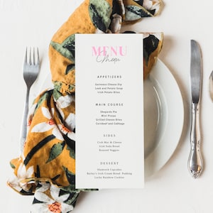 Minimalistyczne edytowalne menu, nowoczesne różowe menu weselne, nowoczesny szablon menu brunchowego, kobiece menu imprezowe do wydrukowania, #001-365MT