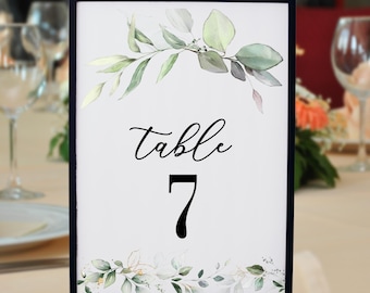 Carte de numéro de table de mariage de verdure, plat, carte de table imprimable, TÉLÉCHARGEMENT INSTANTANÉ, modèle modifiable, mariage Boho