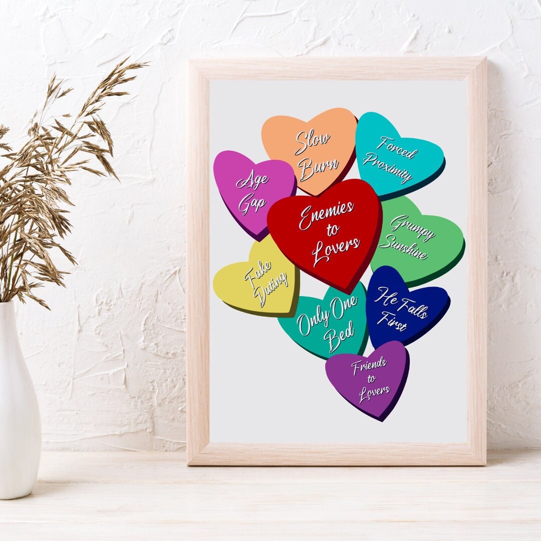 Romance Book Tropes as Candy Hearts Wall Art, Fun Valentine's Day Wall