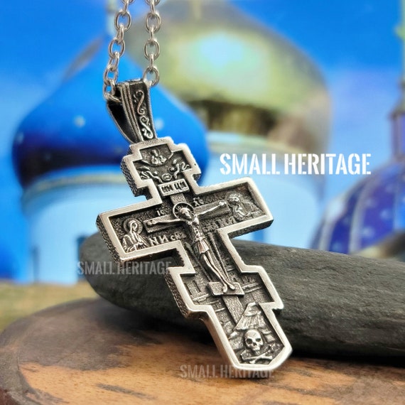 Large Orthodox Cross Necklace Men Women 925 Silver Double-Sided Crucifix  Pendant | eBay