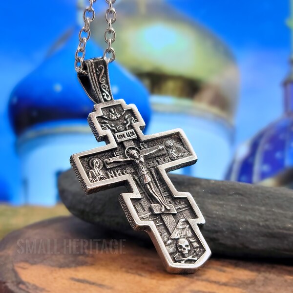 Orthodox Cross Necklace Slavic Ukraine Greek Style Pendant Men Women Rope Chain