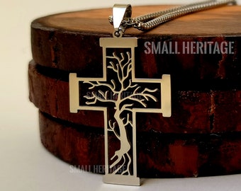 Tree of Life Cross Necklace Stainless Steel Chain Lightweight Pendant Men Women