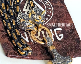 Men Viking Stainless Steel Wolf Necklace Thor Hammer Mjolnir Pendant Gold Black