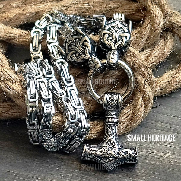 Men Viking Stainless Steel Wolf Head Necklace Thor Hammer Mjolnir Pendant Norse