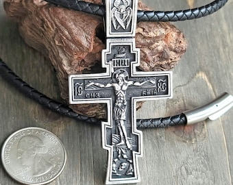 Large Orthodox Cross Necklace Stainless Steel Slavic Crucifix Pendant Men Rope