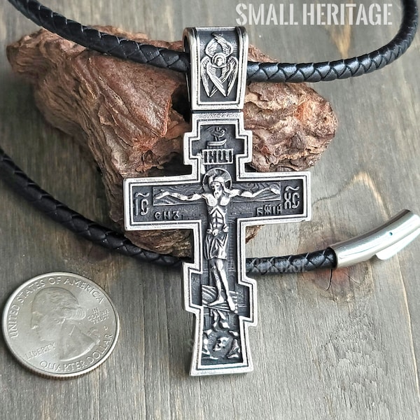 Large Orthodox Cross Necklace Stainless Steel Slavic Crucifix Pendant Men Rope