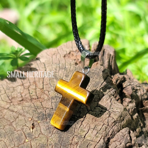 Small Tiger-Eye Cross Necklace Stone Crystal Quartz Healing Pendant Men Women