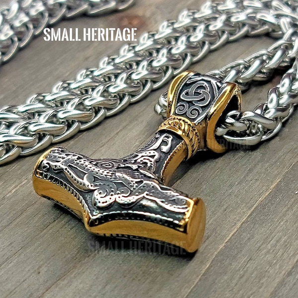 Viking Stainless Steel Large Mjolnir Necklace Norse Amulet Pendant Thor Hammer