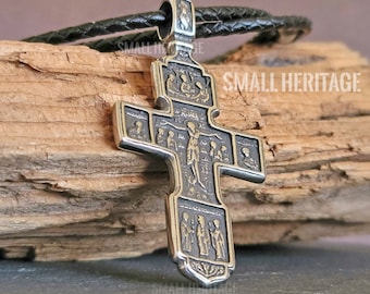 Stainless Steel Christian Cross Necklace Double Sided Pendant Men Women Rope