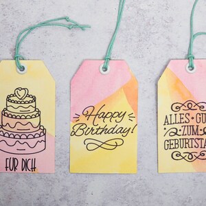 Geschenkanhänger „Geburtstag“ aus Aquarellfarben in Bunt, 6er Set