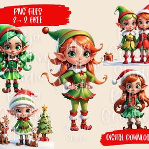 Clipart di elfo di Natale unico, PNG di elfo ragazza carina per adesivi e biglietti, grafica digitale per le vacanze in stile fiabesco, pacchetto di lavoretti per bambini