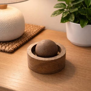 May include: A wooden sphere sits within a circular wooden base. Both are crafted from light brown wood. The objects rest on a wooden surface, with a lamp and a potted plant visible in the background.