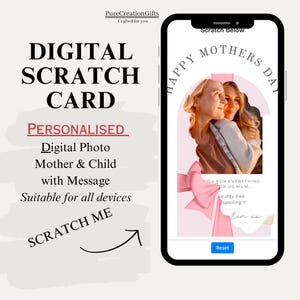 Carte à gratter numérique personnalisée pour la fête des Mères, à personnaliser avec une photo, le nom et les coordonnées pour mobile, ordinateur portable ou tablette