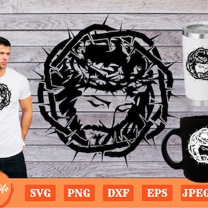 Jezus SVG, doornenkroon Svg, religieuze illustraties, christelijke digitale download, afbeeldingen gesneden bestanden Jesus Face PNG, Golgotha Svg